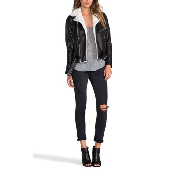 Shearling leather fur coat jacket white / cream and black - Picture 6 of 16